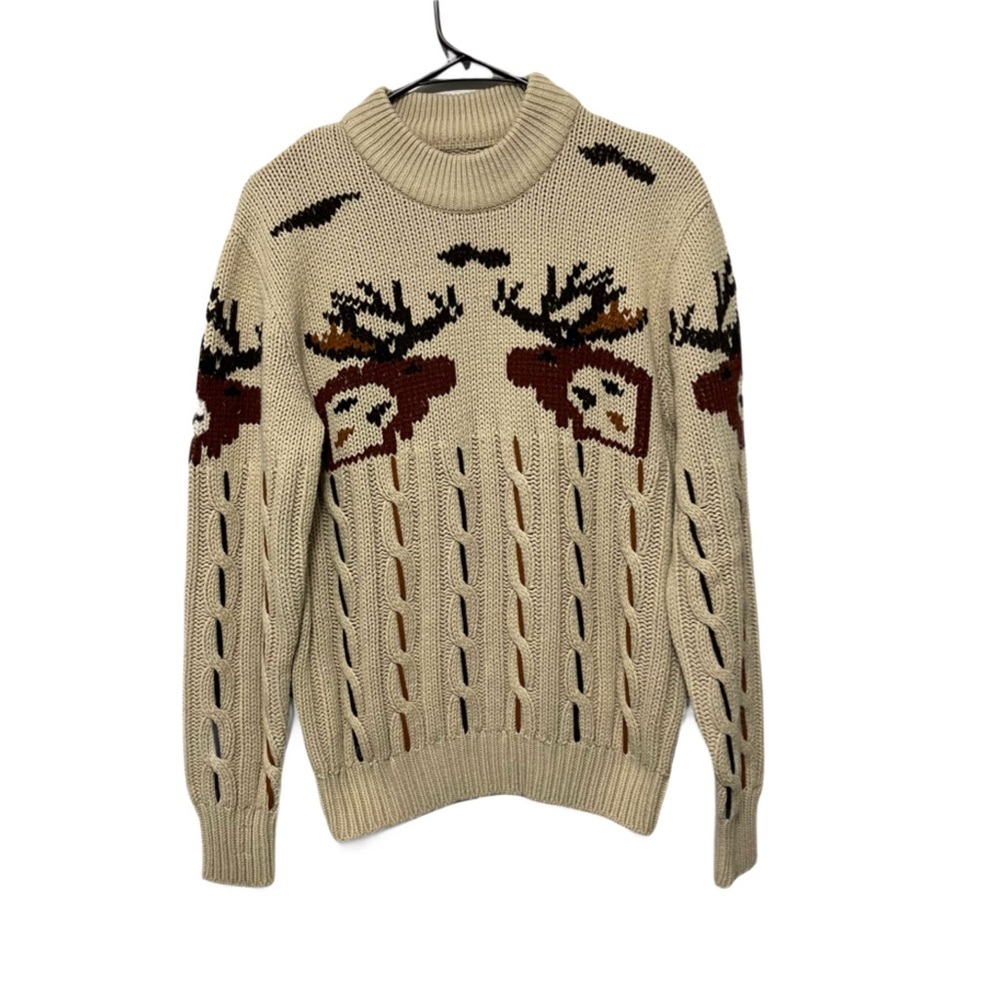 Vintage 80’s Cable Knit Fisherman’s Sweater Moose Elk Crew Neck Womens M